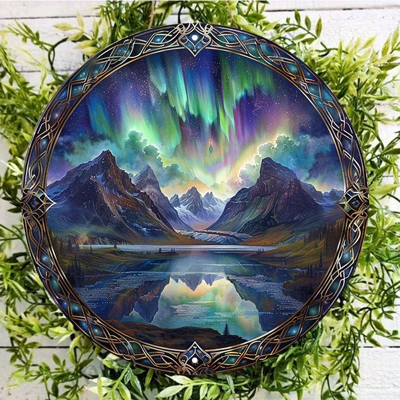 Aurora Borealis Painting Aluminum Metal Sign, Round Wall Art Decor, Waterproof HD Print Quality, Pre-Drilled Weather Resistant