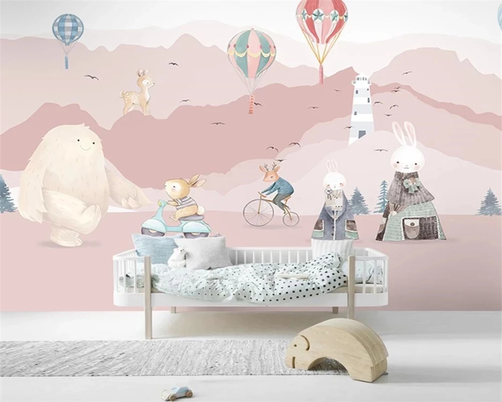 Customized rabbit hot air balloon bedroom children's room kindergarten wallpaper Mural Pink cartoon restaurant Rest Area study