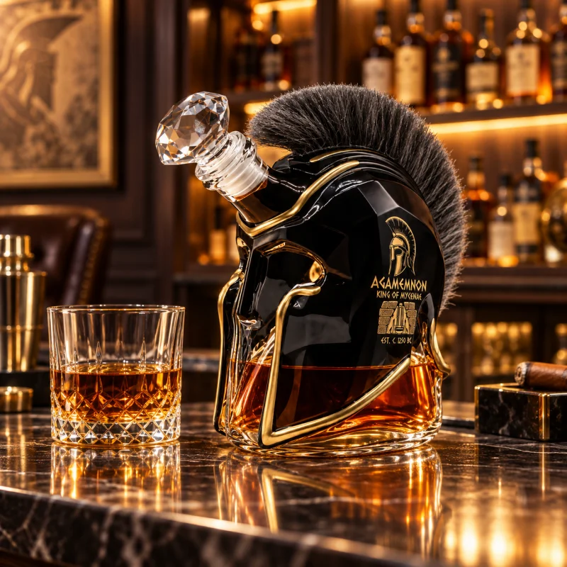 Agamemnon Greek Warrior Glass Liquor Decanter Black Gold Helmet Bottle for Whiskey Bourbon Home Bar Decor