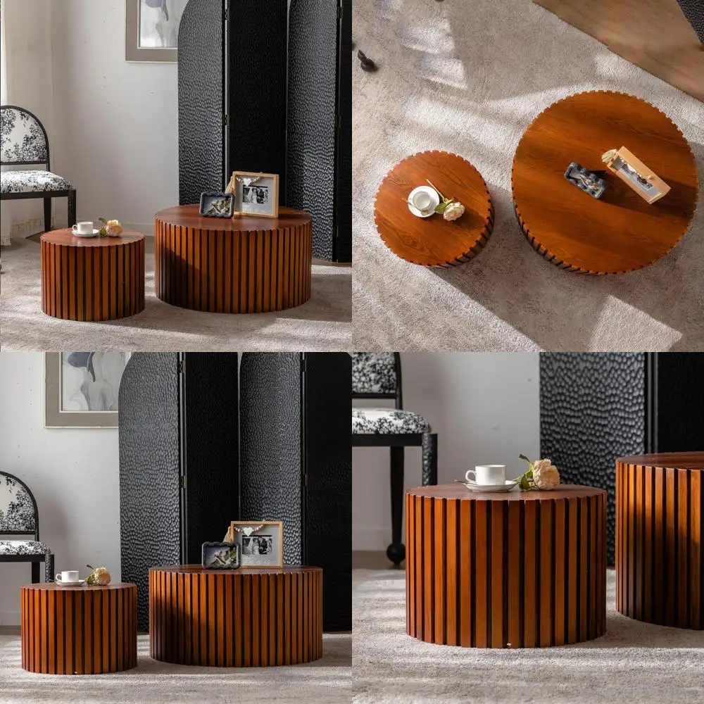 

Modern Circular Wood Nesting Coffee Table Set, Embossed Design for Side and End Tables