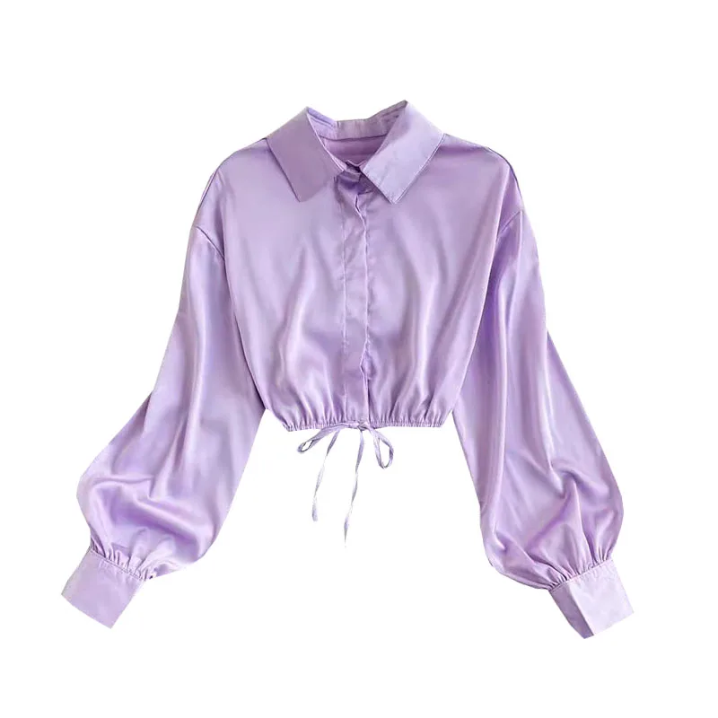 Women's Satin irt ort Slim Fit Long Sve Pure Color Commute Sle  Collar Button Detail Summer New Arrival