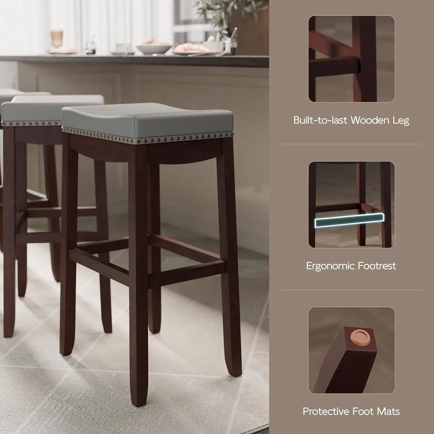 Bar Height Backless Saddle Barstools, Set of 2 - Upholstered, with Rivet Detail and Solid Wood Legs - Counter Height Bar Stools