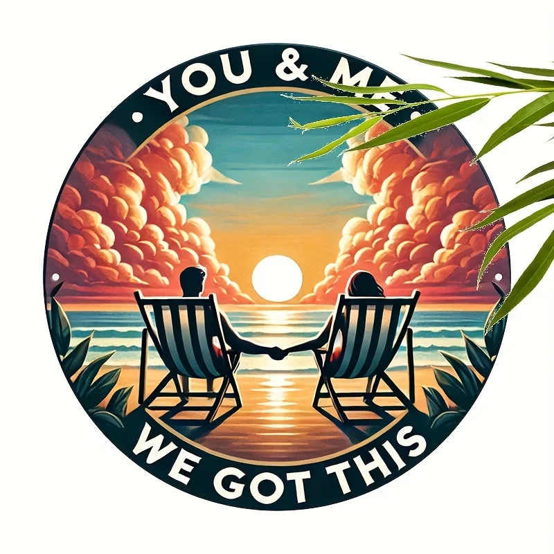 You & Me We Got This – 20,32 x 20,32 cm großes rundes Aluminium-Wandschild, Vintage-Strand-Sonnenuntergang-Paar-Design, farbenfrohes Retro-Metalldekor