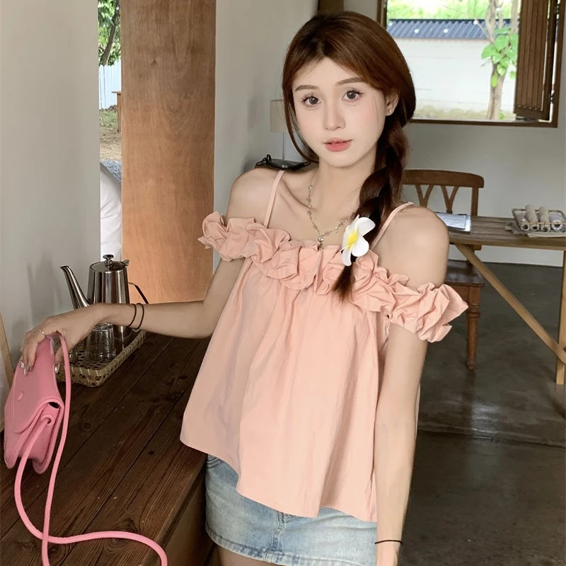 Slash Neck Halter Blouse Women Summer Ruffles Solid Color Sleeveless Korean Style Fashion Office Lady Versatile Tops Female