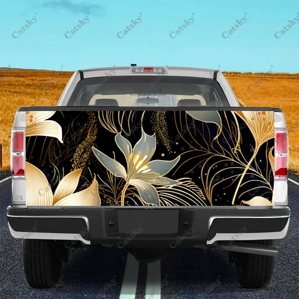 Golden Antique Floral Pattern Truck Tailgate Wrap Professional Grade Material Universal Fit for Full Size Trucks Weatherproof