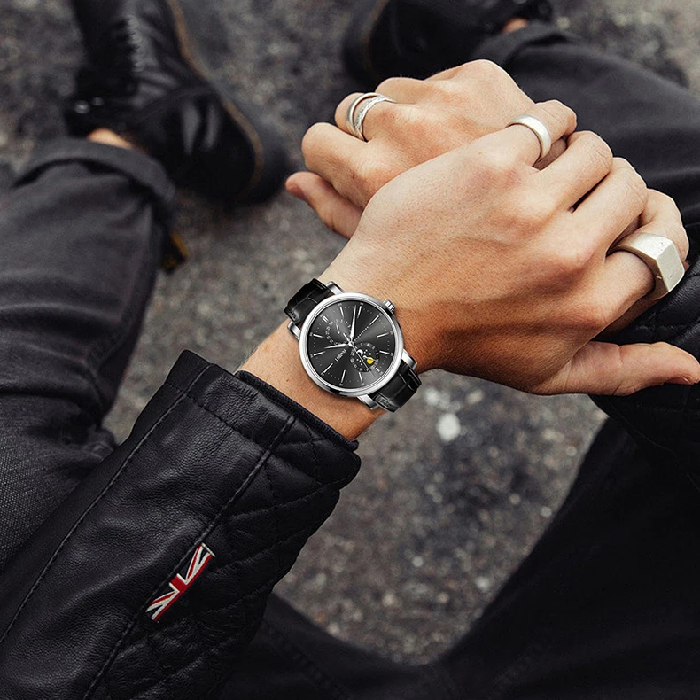 LOBINNI Men Quartz Watch 42mm Wristwatch Waterproof Luminous Sapphire Date 24 Hours Sun Moon Indicator Dial