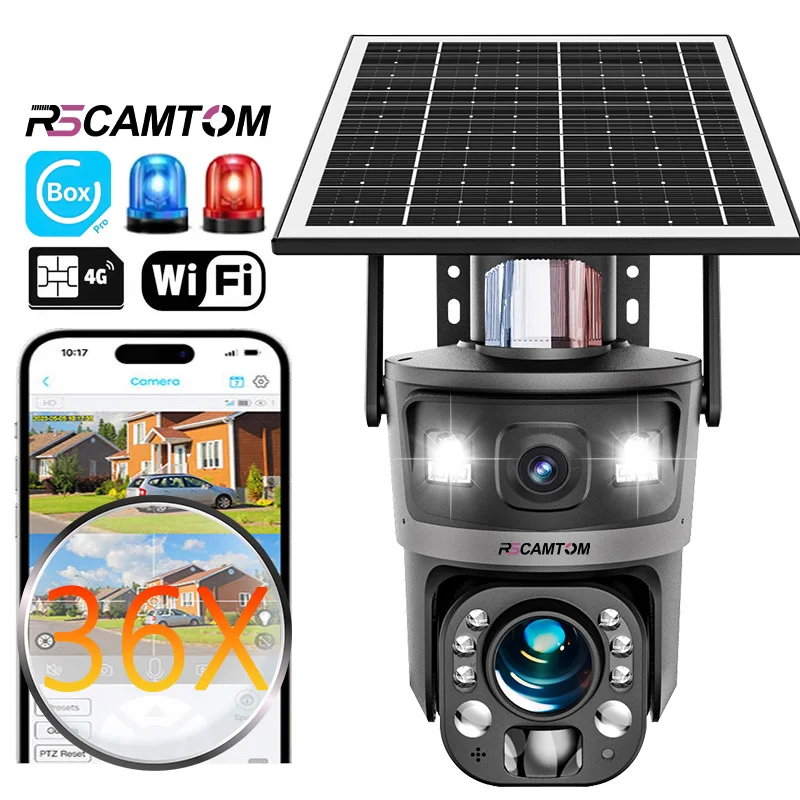 Rscamtom Ubox 8MP 36X Zoom Night Vision AI Dual Lens Dual Screen 12000mAh Solar Outdoor CCTV Camera 4G Security Memory Card Data