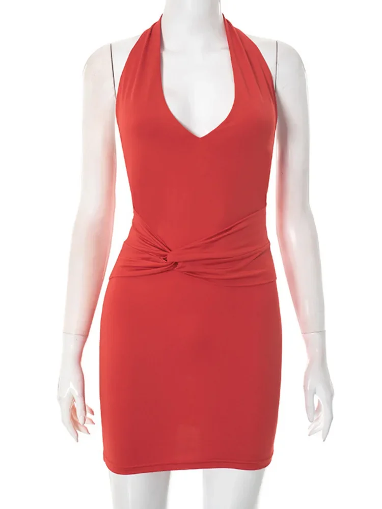 

2025 New Halter Deep V Neck Backless Sexy Mini Dress Women Robe Red Sleeveless Ruched Bodycon Club Party Dress Female