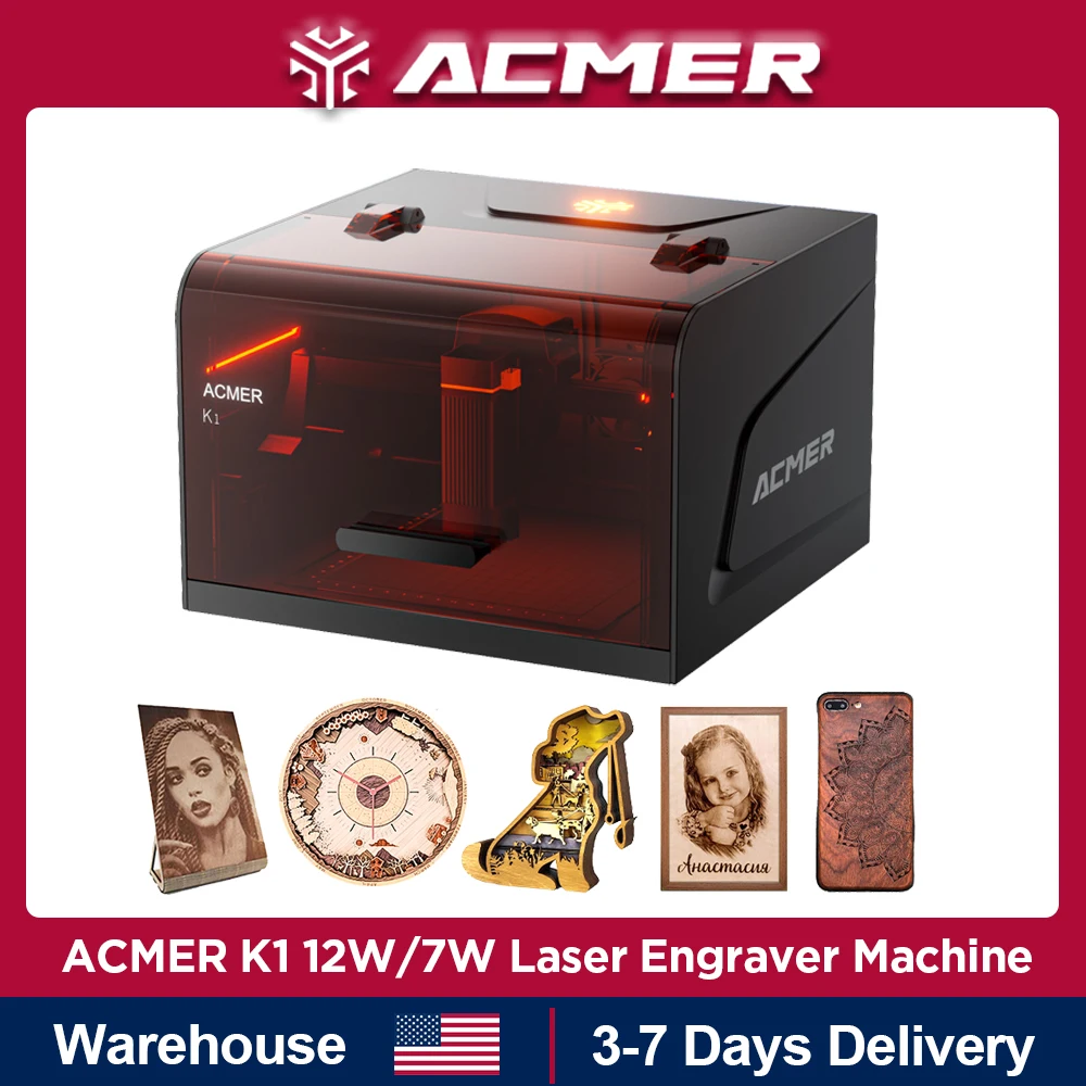 ACMER 12W/7W Closed Laser Engraver CNC DIY Logo Marking 150X150mm Work Area Machine 10000mm/min Ultra-fast Operation Woodworking Engraving Cutting Machine Carving Tools For 100+ Materials Full Coverage