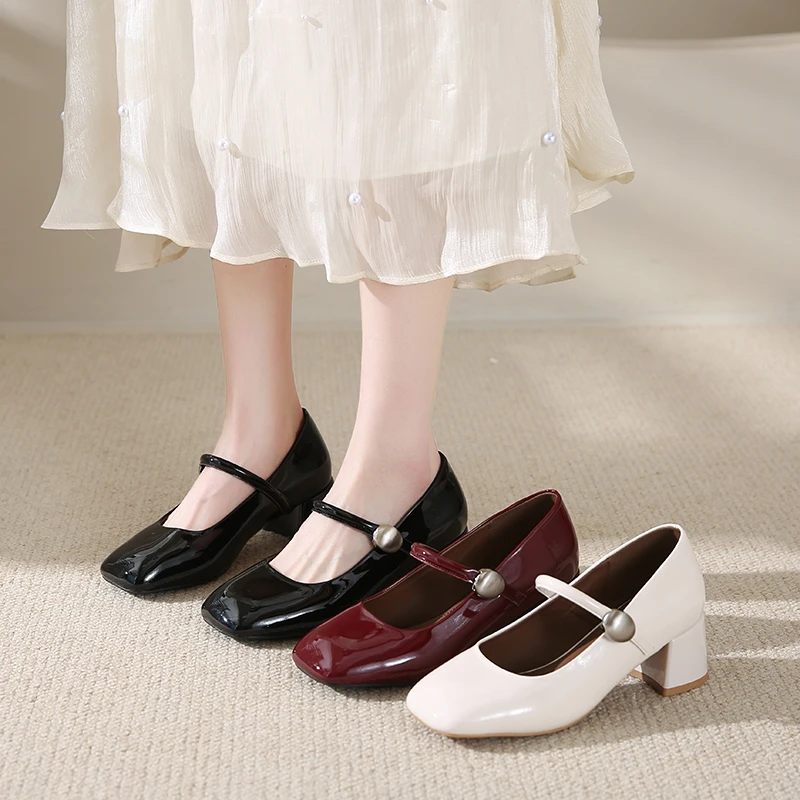 

2025 New Women's Shoes High Quality Leather Low Heel Dress Shoes Square Toe Shallow Buckle Strap Women's Shoes