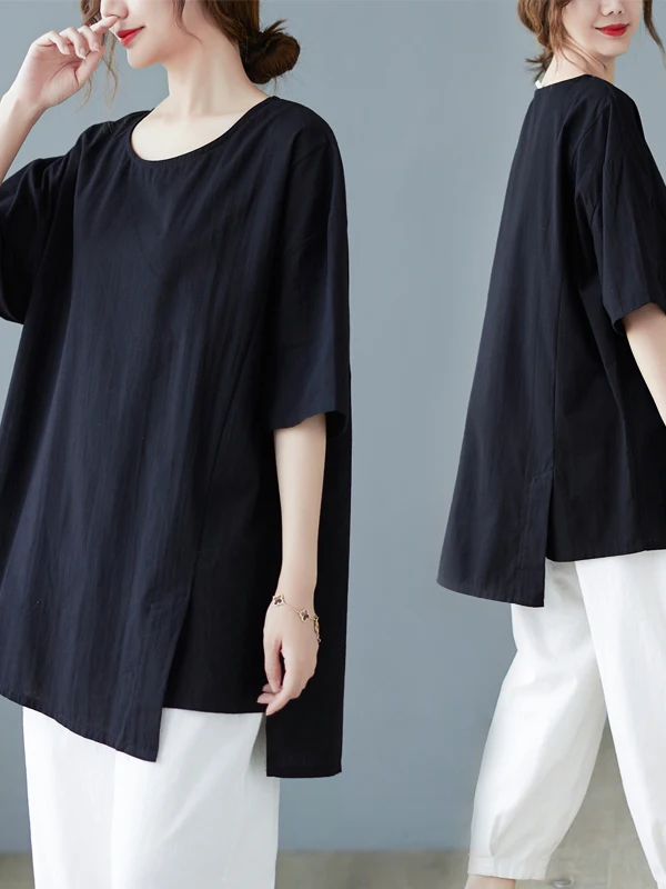 تي شيرت صيفي كبير الحجم فعال للتخسيس للنساء من القطن والكتان غير متماثل يغطي البطن تي شيرت بنمط رحلة فنية