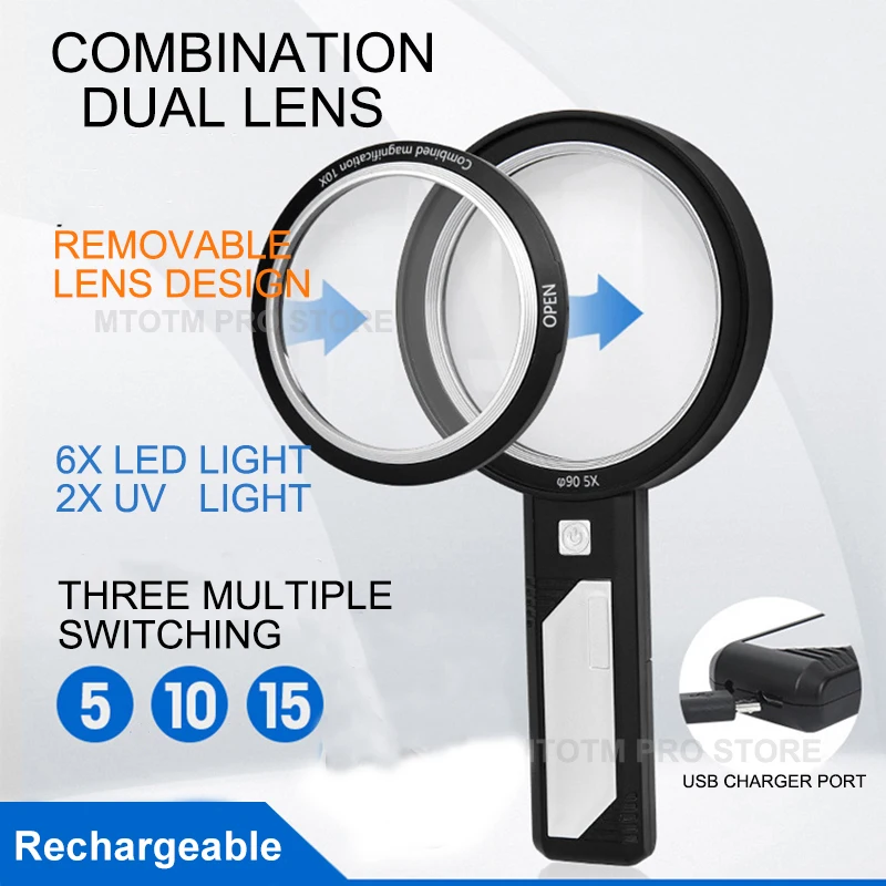 20X 8LED Handheld Magnifying Glass USB Rechargeable Loupe Magnifier Removable Optical Lens Illuminated Magnifier Reading Glasses