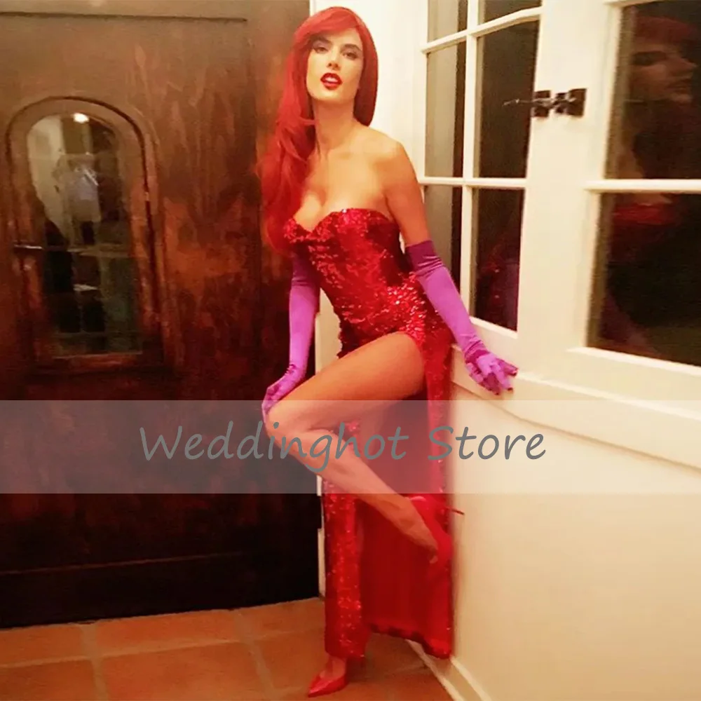 Sexy jessica rabbit traje halloween celebridade vestido para as mulheres querida lado fenda sereia vestido de baile lantejoulas vestido de festa longo