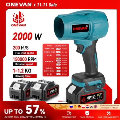 ONEVAN 송풍기 브러시리스 2000W, 200 M/S 제트 터보 송풍기,전기 터보 송풍기 제트 선풍기, 격렬한 자동차 건조기, 마키타 18V 배터리용 휴대용 먼지 블로잉 도구,