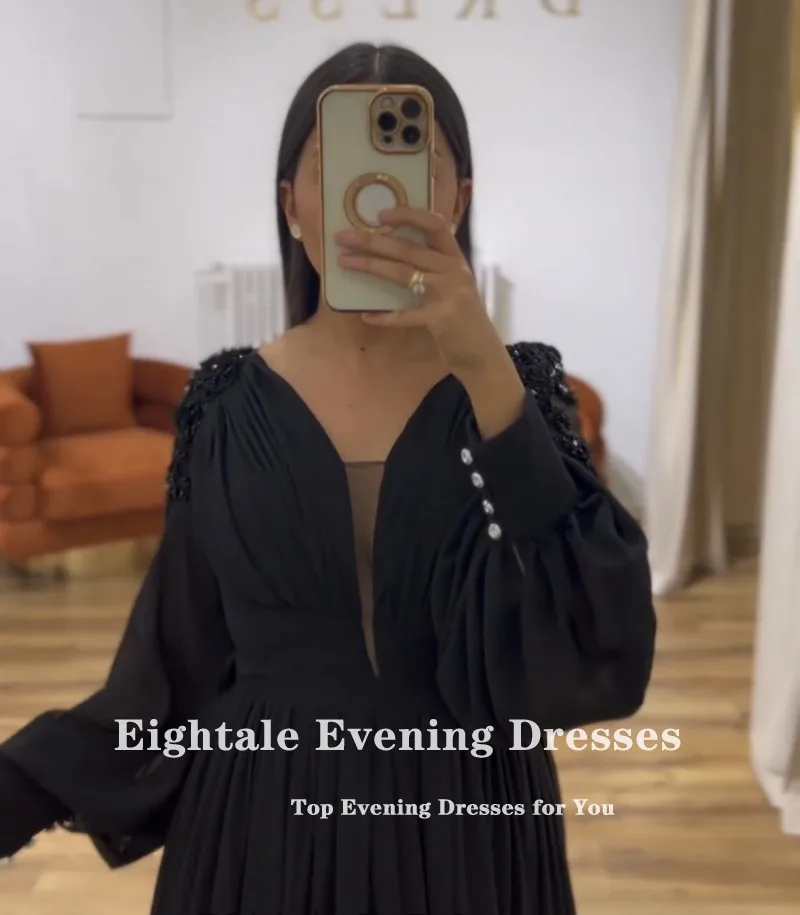 Eightale Arabic Evening Dresses for Wedding Party Long Puffy Sleeves Appliques V-Neck Black Formal Prom Gowns robe femme soirée