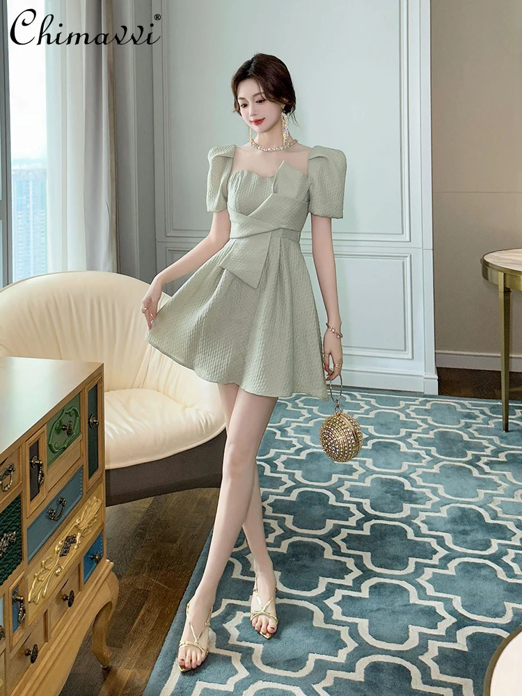 

French Style Elegant Commuter See-through Mesh Patchwork Rhinestone round Neck Puff Sleeve Bow High Waist A-Line Dress Women