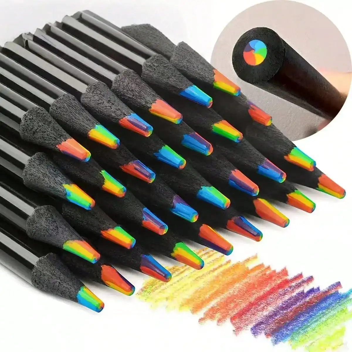 

5 Piece/Decorative Rainbow-colored Water-soluble Wooden Pencil, Black Wooden Shaft and Matching Wax Lead, Art School Supplies, S