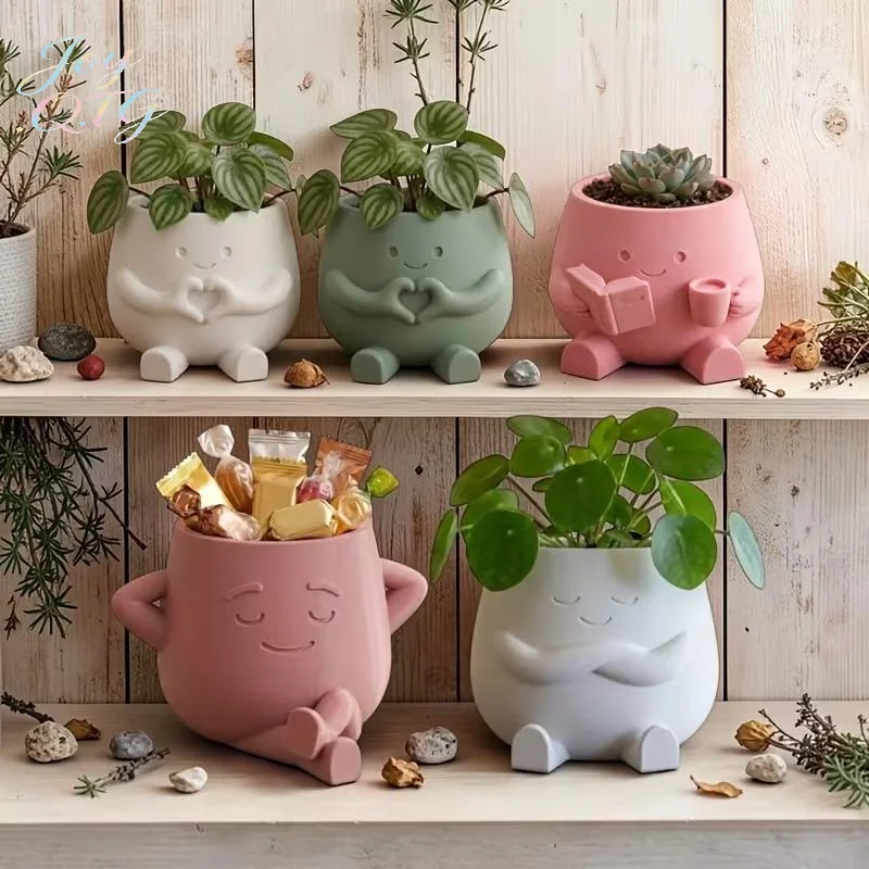 Niedlicher Blumentopf in Form eines Gesichts aus Kunstharz für drinnen und draußen, einzigartiger Sitzstuhl-Topf, Dekoration für Haus und Garten