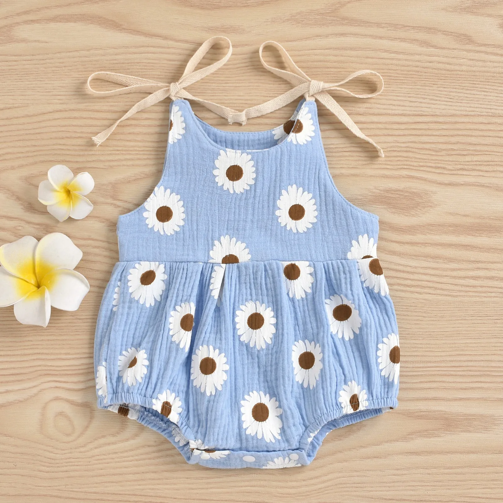 2024 Summer Infant Baby Girls Jumpsuit Daisy Printing Straps O-Neck Sleeveless Casual Bodysuit Toddler Clothes 0-24Months