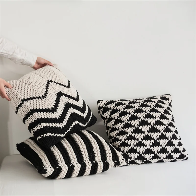 Decoration Cushion 45x45cm Handmade Pillow Geometric Black Ivory Knit Stipe  Woven Home Pillow Square  Including Inner filler