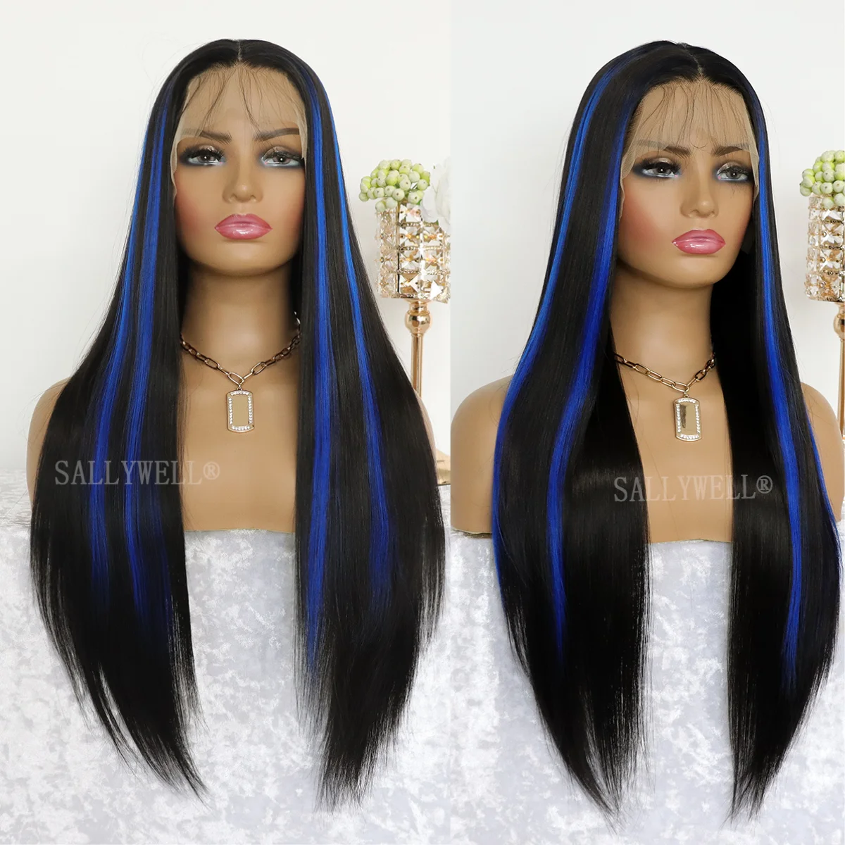 Blue Highlight Straight synthetic Lace Front Wig Blue Skunk Stripe Wig Pre Plucked Natural Hairline Heat Resistant Fiber