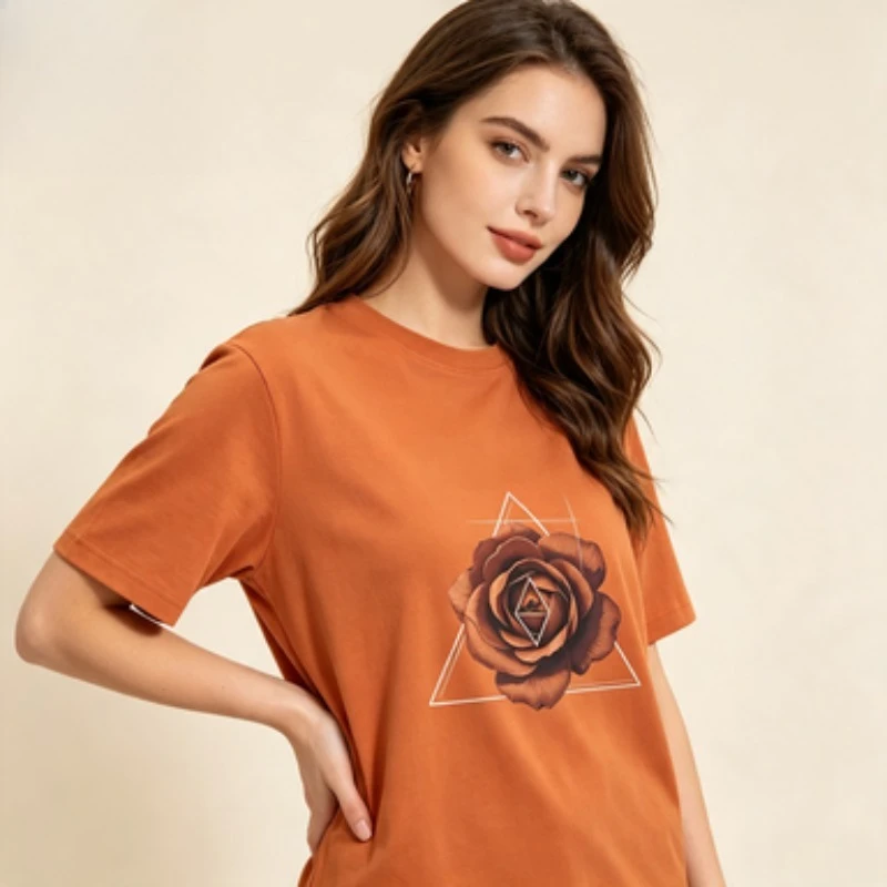 Women Cotton T-Shirt Brown Rose Geometric Triangle Graphic Tee Minimalist Floral Art Print Casual Crew Neck Short Sleeve Tops