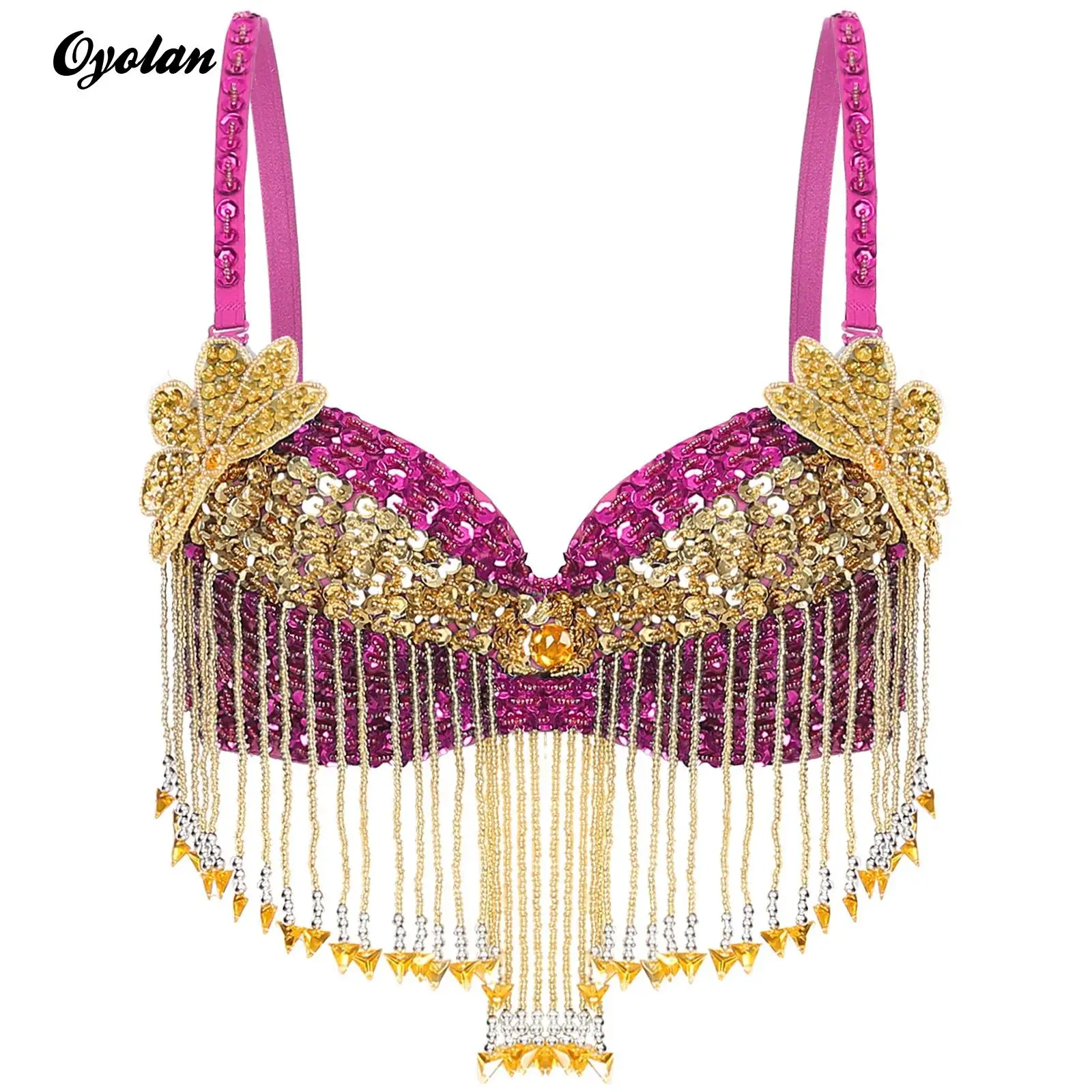 

Womens Beaded Belly Dance Bra Tops Shiny Sequins Tassel Underwired Bustier Glitter Crop Tops Boho Festival Bellywood Costume