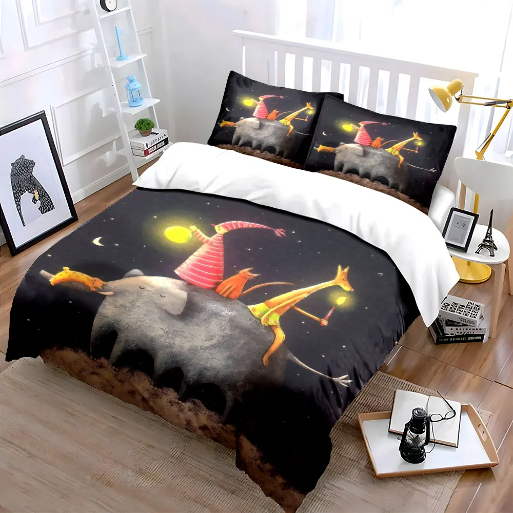 3Pcs Night Sky Elephant Fantasy Duvet Cover Set, Whimsical Magical Animal Kids Bedding Single Double King Queen, Gift