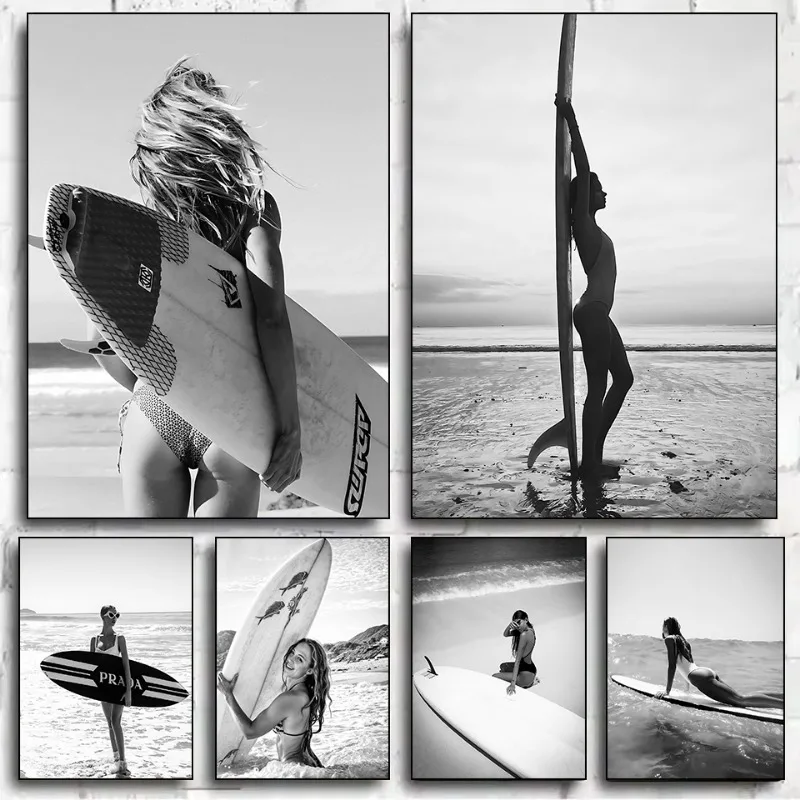 Black and White Surfing Girl Poster Print Canvas Pictures Home for Living Room and Bedroom Wall Modern Decor Frameless Painting