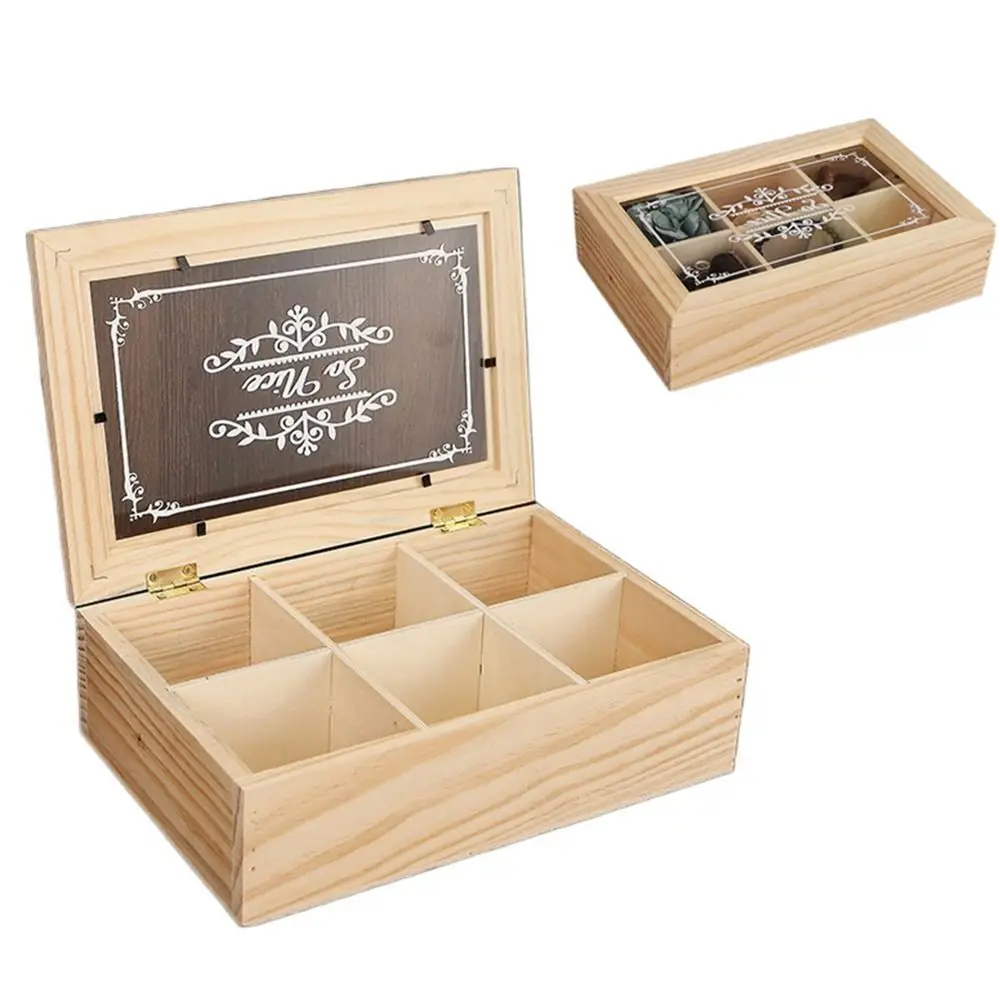 

High Quality 6 Grids Wooden Tea Box Dust-proof with Clear Lid Desktop Organizer Space Saving Handmade Tea Bag Holder Office