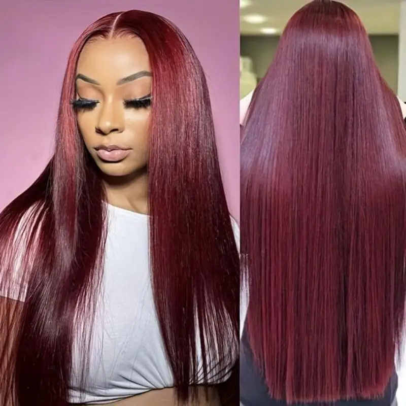 Wig Frontal HD renda 13x4 13x6 100% rambut manusia lurus Burgundy 30 40 inci mulus transparan untuk wanita Wig depan renda