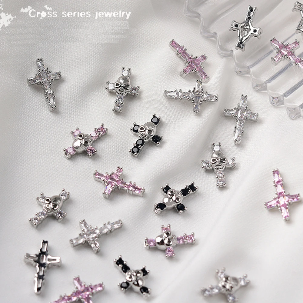

5pcs Zircon Skull Cross Nail Charm 3D Retro Punk Personalty Alloy Diamond Skull Cross Nail Ornament Luxury Nail Accessories