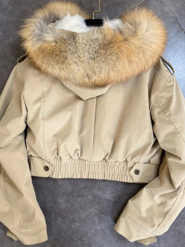 DEAT 2023 Balck Winter Women New Fur Collar Liner Real Rabbit Hair Multi Pocket Short Jacket Cotton Hooded Casual Coat RC235