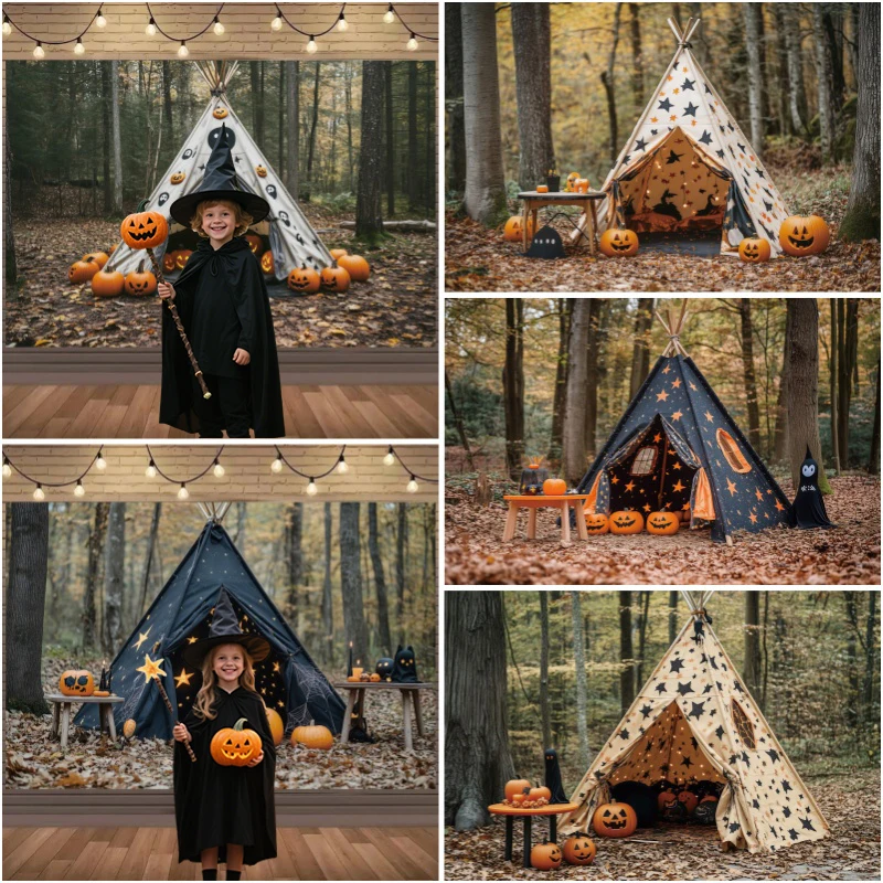 Autumn Halloween Party Decor Backgrounds Forest Leaves Star Tent Pumpkin Lanterns Kids Adults Photo Photography Backdrop Props