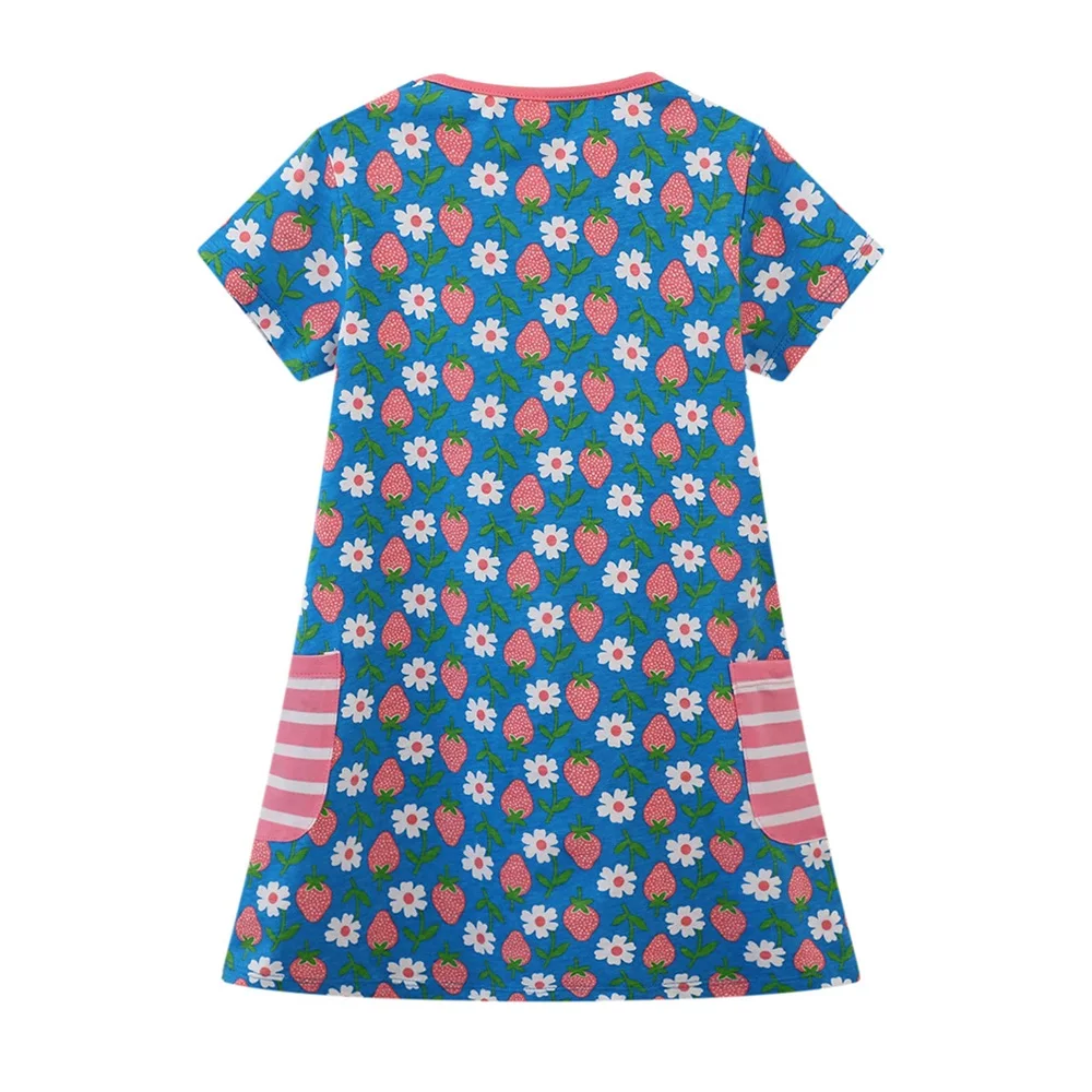 VIKITA Girls Flower Strawberry Print Straight Dress with Pockets Kids Short Sleeve Summer Cotton Casual Wear Children Clothing