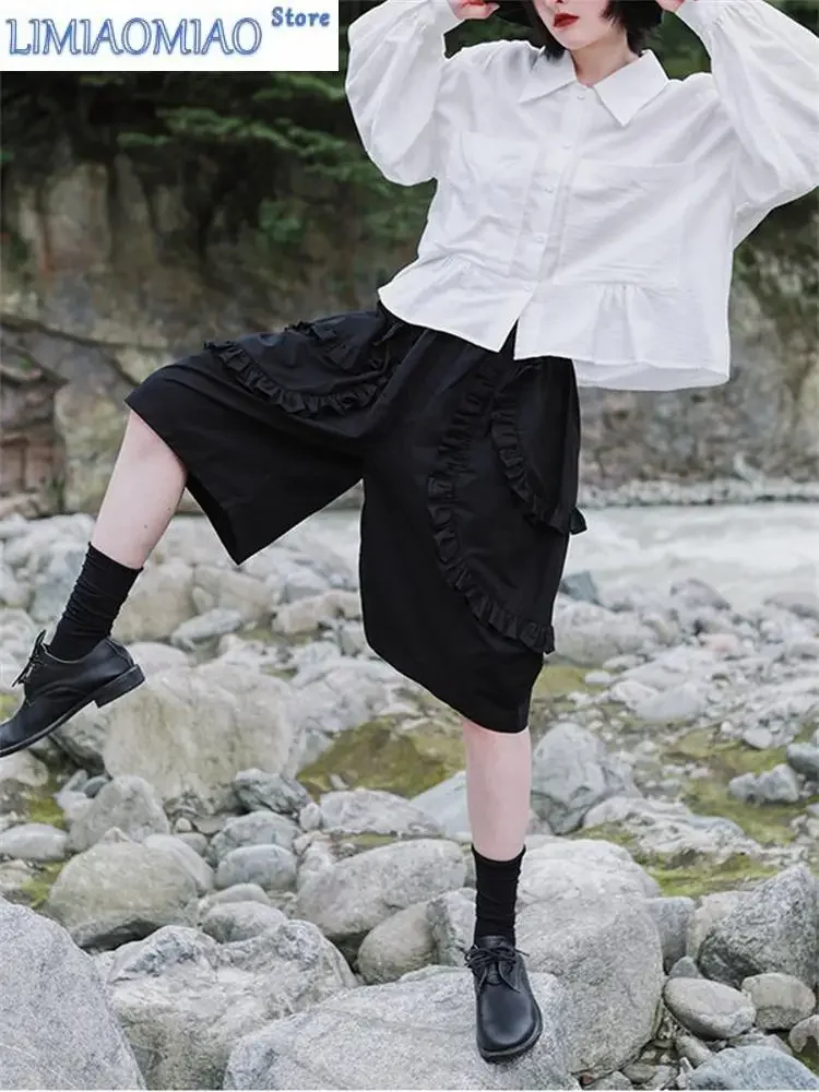 

Women's Fold Splicing Design A-line Wide Leg Shorts Summer Cropped Trousers Young Girl Casual Bottom Female Knee Length Pants