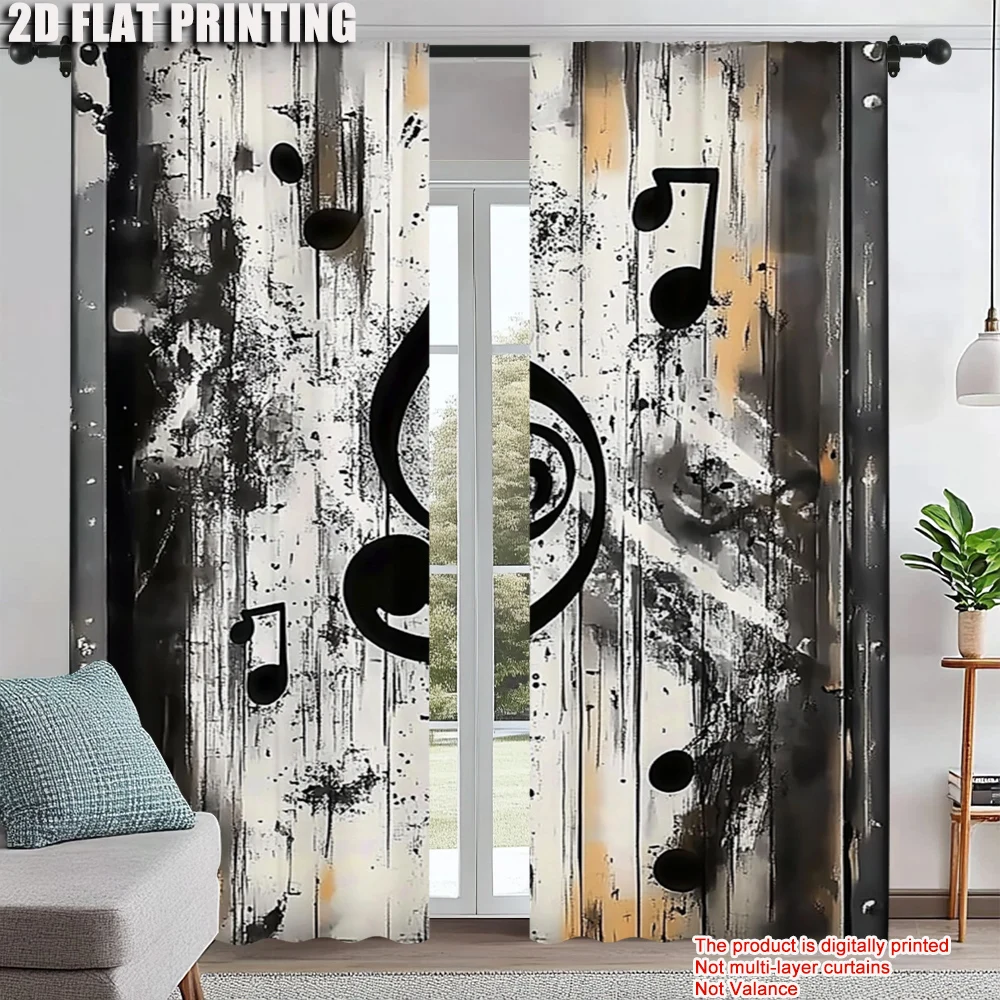 

2Pcs Black And White Music Notes Window Curtains Rod Pocket Design Polyester Perfect For Living Room Bedroom Kitchen And Dining
