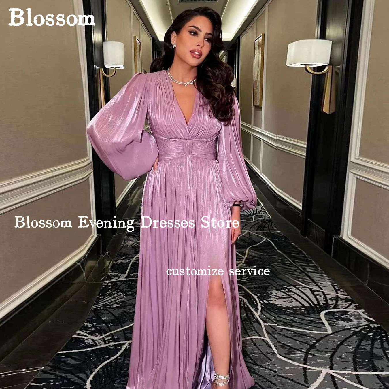 V-neck Puff Long Sleeves Elegant Women‘s Evening Dresses For Prom Glossy Satin A-line Wedding Party Gown فساتين مناسبة رسمية