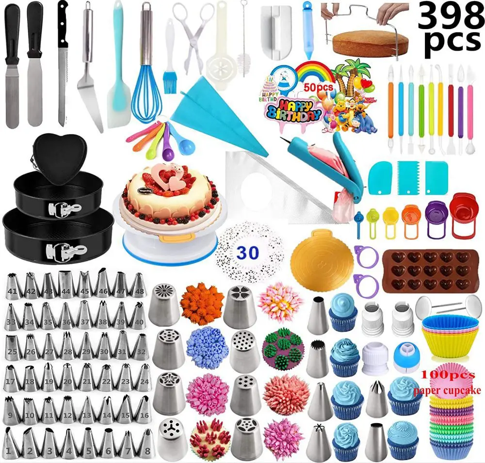 

398pcs Cake Turntable Cake Decorating Tools Kit Baking Tool Rotary Table Piping Nozzles Icing Bag Set Bakeware Supplies Sets