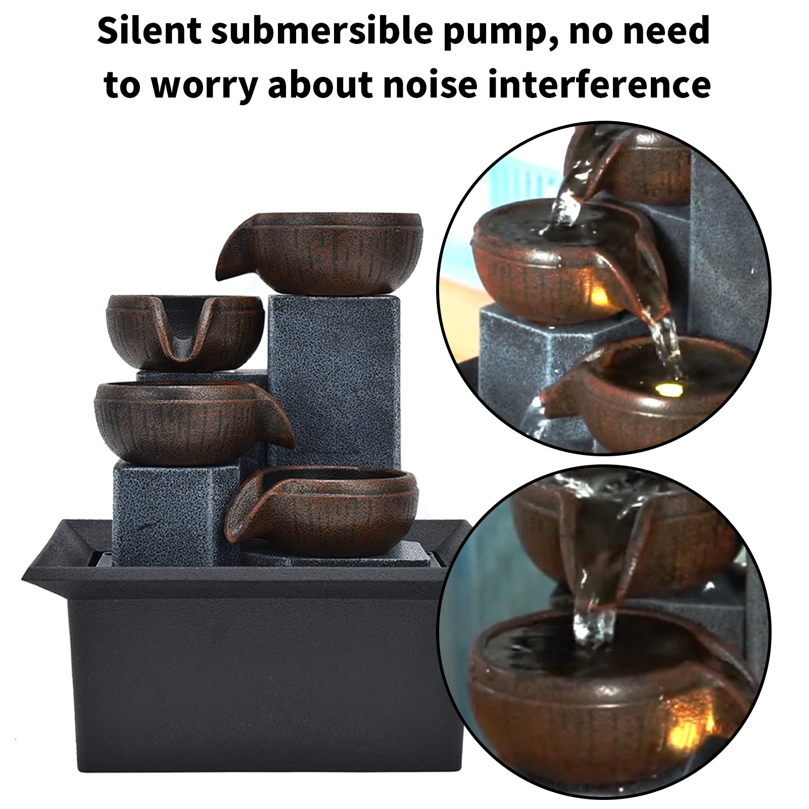 Tabletop Water Fountain with LED Yellow Light Feng Shui Relaxation Desktop Ornament Decoration for Office Meditation Room