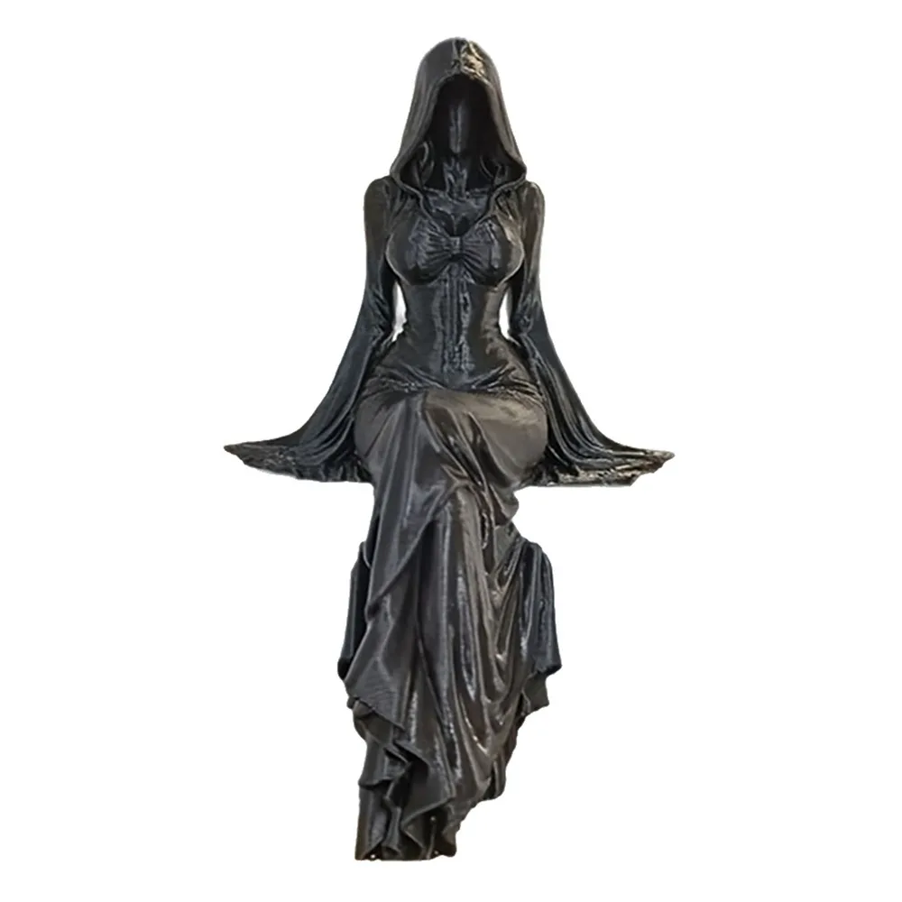 3D Printed Black Robe Figurine Gothic Style Handmade Hooded Woman Statue Integrated Mysterious Female Tabletop Ornament
