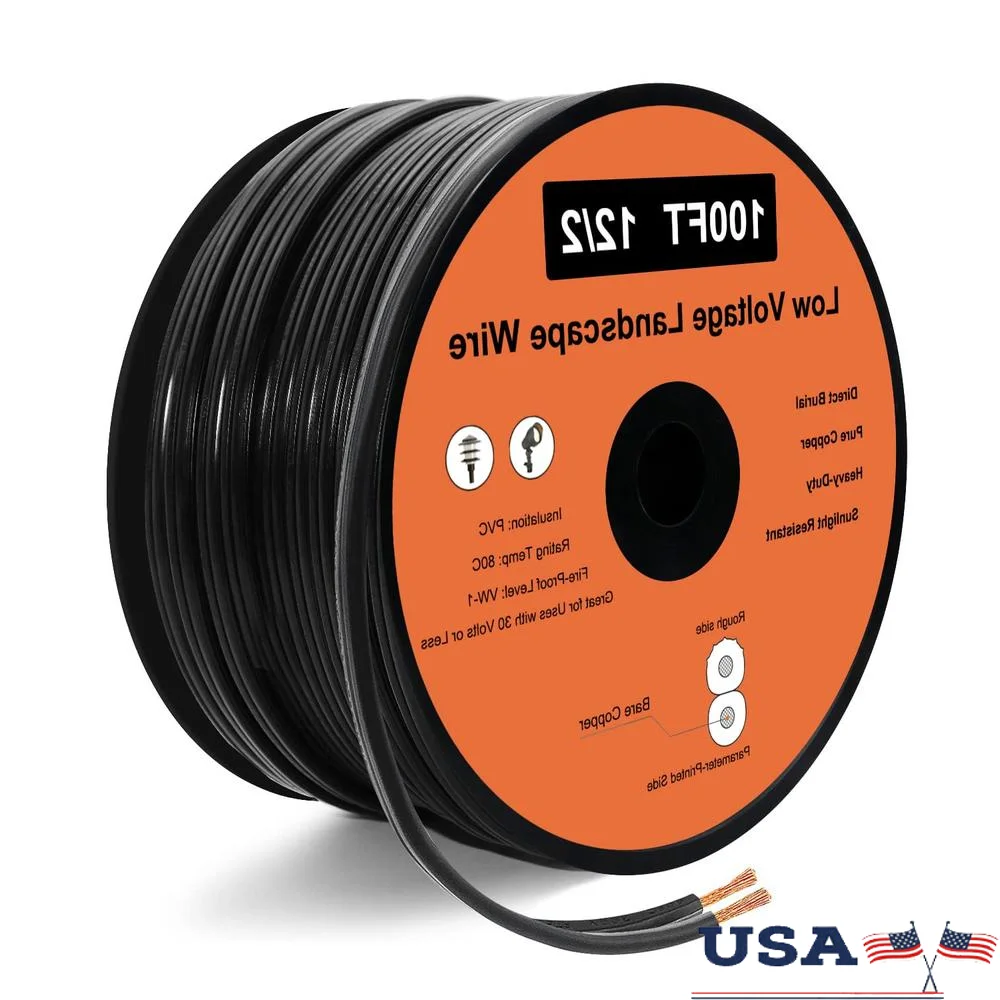 100FT 12 Gauge 2 Conductor Low Voltage Direct Burial Wire Copper Cable Landscape Lighting Outdoor Applications