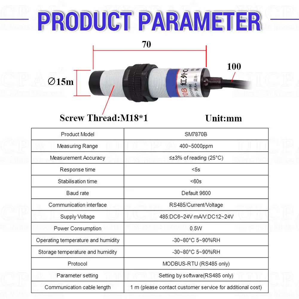 Pipeline Type Carbon Dioxide Sensor CO2 Transmitter 1M Infrared Detector Waterproof Probe 400~5000ppm RS485 or Analog Output