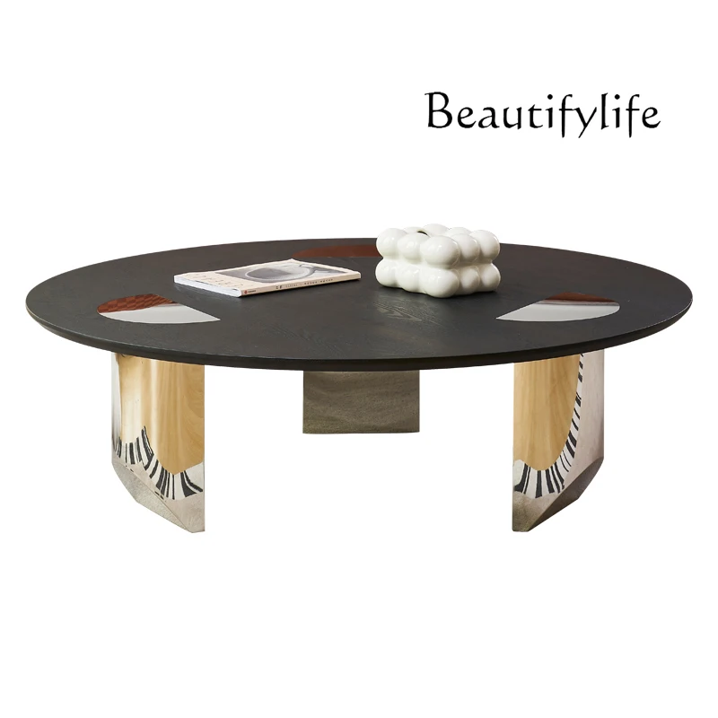 

Coffee table living room household Italian small apartment designer high-end stainless steel round glass suspended coffee table