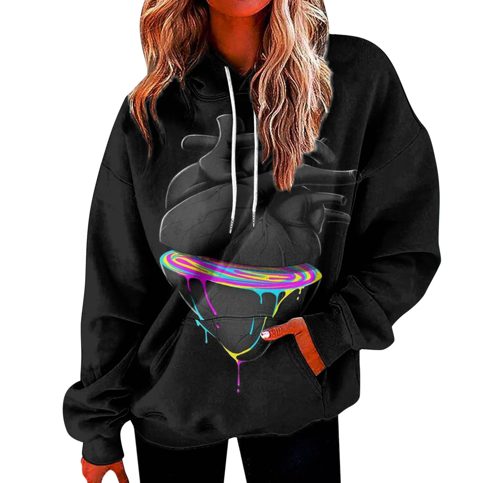 Women's Loose Sweatshirts Hooded Long Sleeve Casual Colorful Printing Drawstring Hoodies With Pockets Fashion Pullover Tops