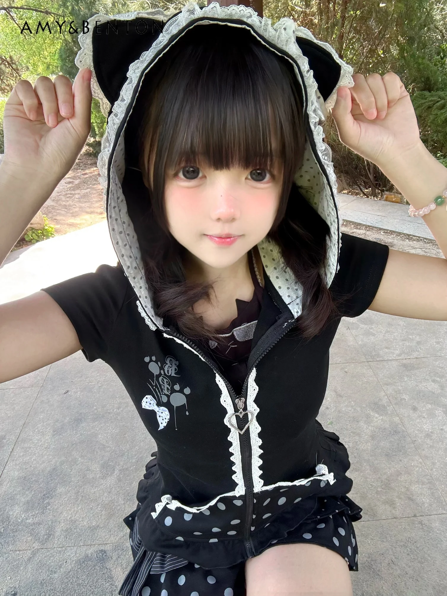 

Original Subculture Kawaii Cat Ear Hooded Short-sleeved Jacket Top Elastic Waist Polka Dot Shorts Set Sweet Gothic 2 Piece Sets