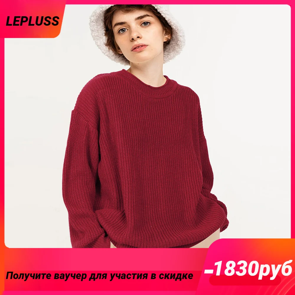 LEPLUSS women\'s new round neck winter thick sweater burgundy casual loose pullover fashion sweater