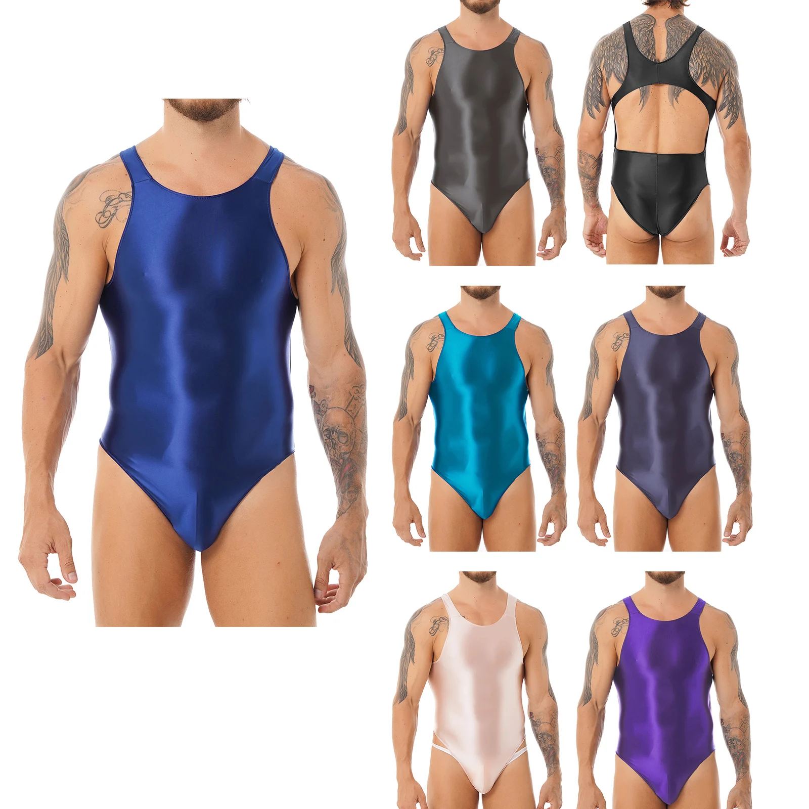 Mens Glossy One-piece Swimsuit Hollow Out Bodysuit Stretchy Leotard Swimwear Solid Color Bathing Suit Wetsuit Surfing Clothing