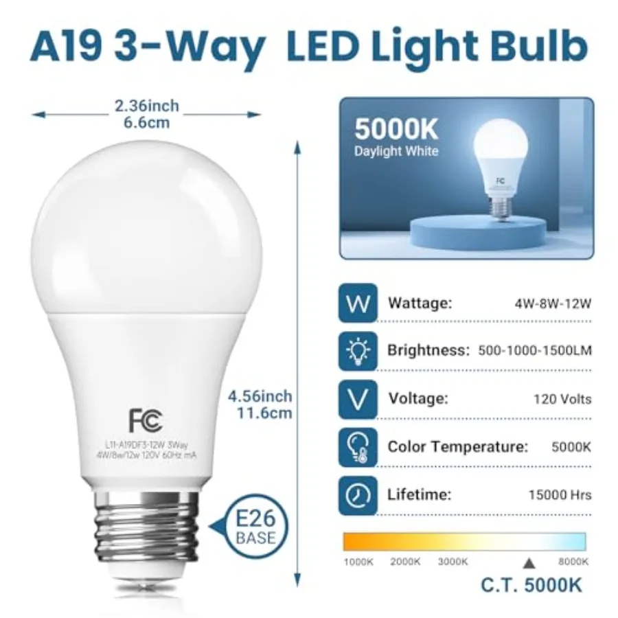 3 Way Light Bulbs 40 60 100 Equivalent White, Dimmable A19 Three Way Light Bulbs E26 Medium Base, 4/8/12W Energy Saving UL List