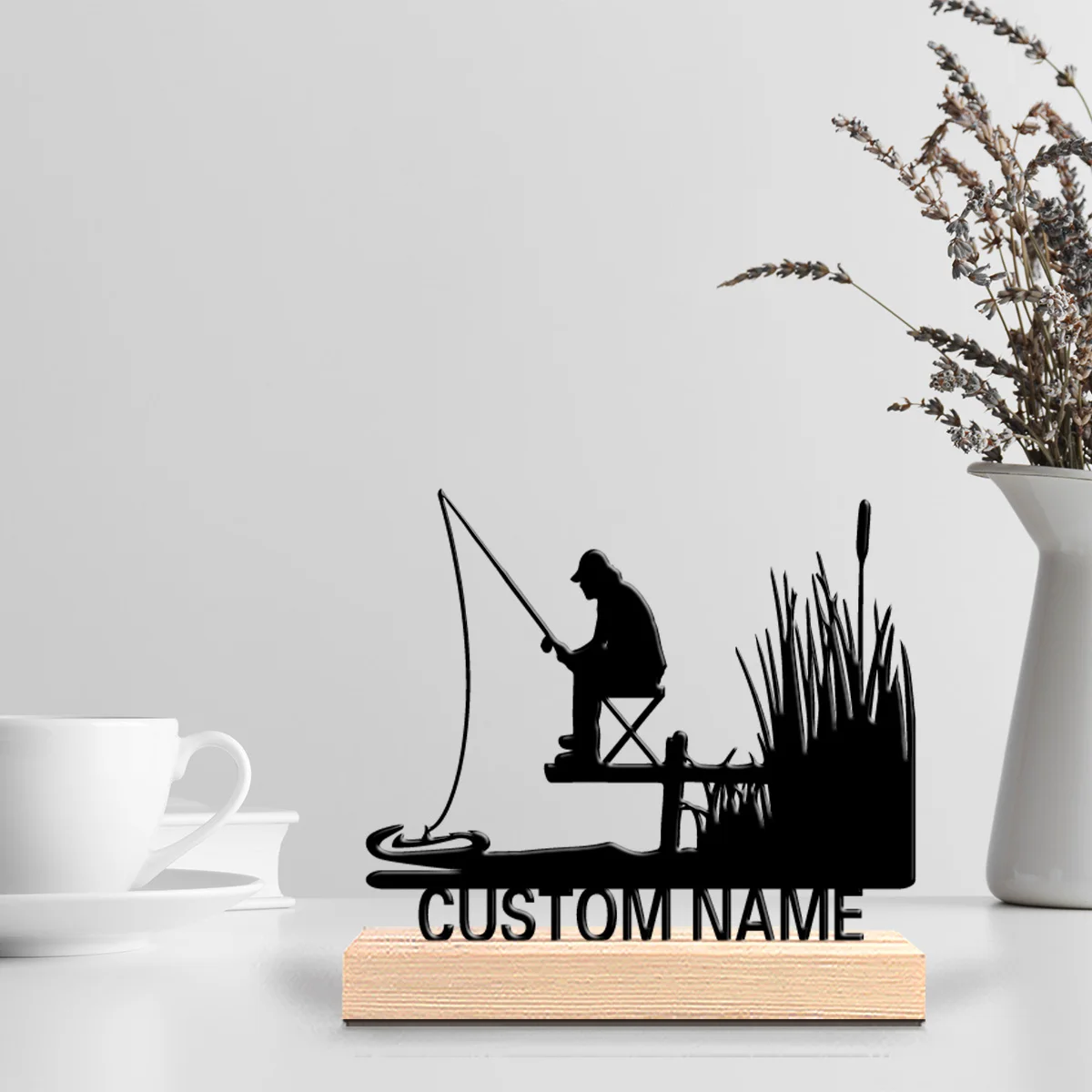 1pc Retro Personalized Custom Fishing Metal Statues Wooden Base Bar Decor for Kitchen Dining Room Modern Rustic Themes